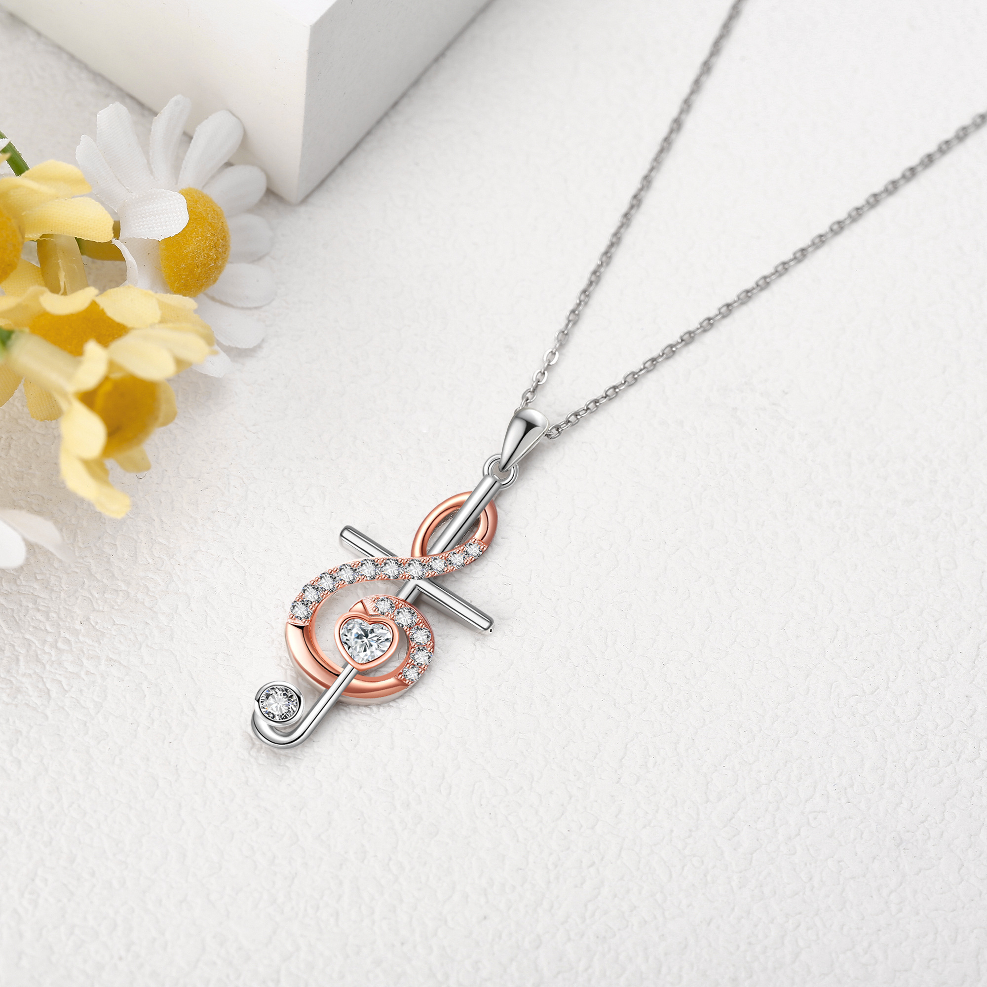 925 Sterling Silver Music Note Cross Pendant Necklace